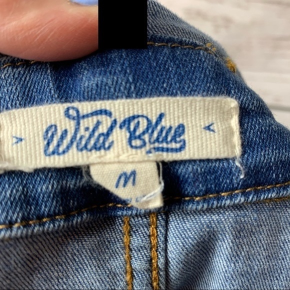 Wild Blue Denim Distressed Overall Bib Shorts - Picture 7 of 9